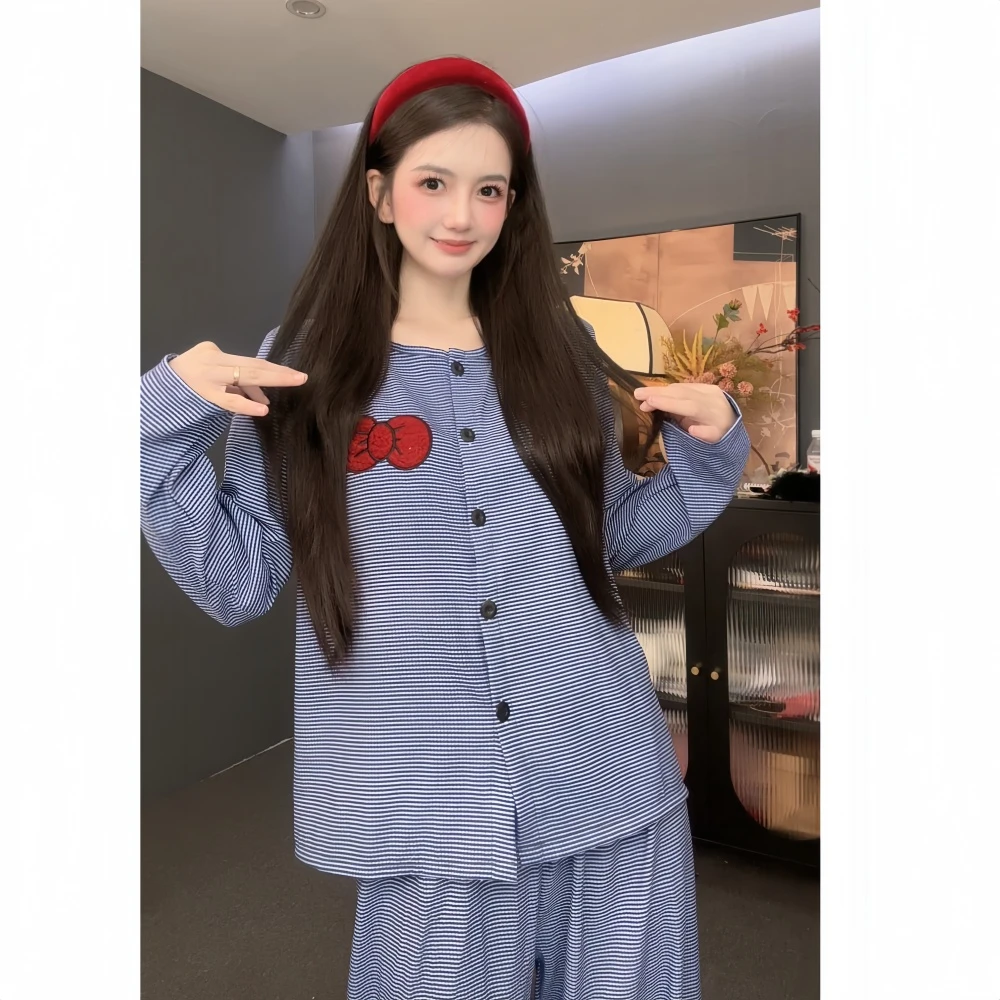 【休闲时光】卡通蝴蝶结长袖睡衣套装女秋季薄款云朵棉家居服可外穿