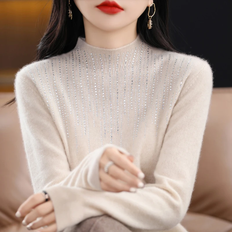 温柔减龄款~一线成衣100纯羊毛衫女半高领重工烫钻针织衫毛衣