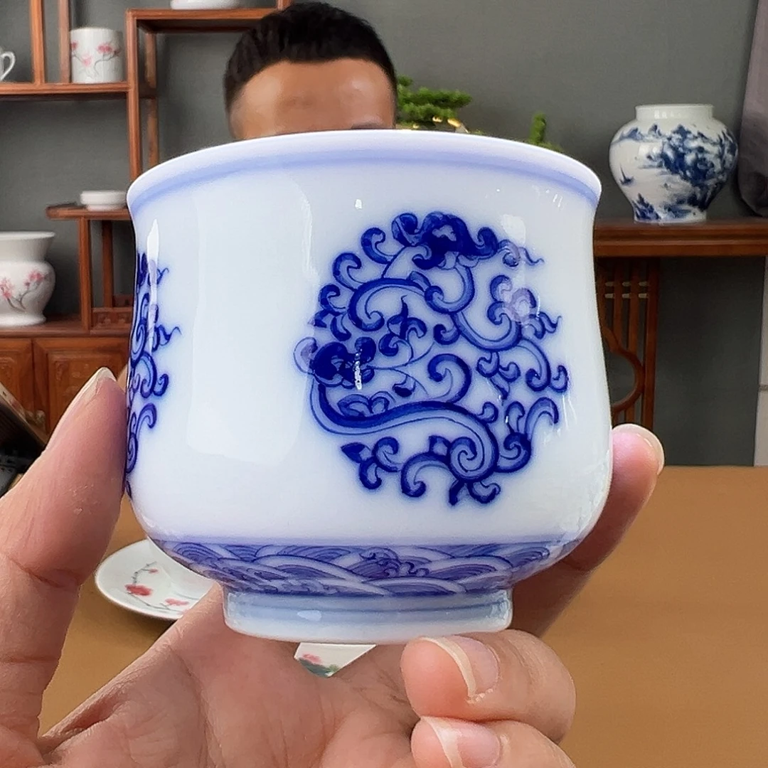 柴窑 青花团龙福筒杯，微瑕开片