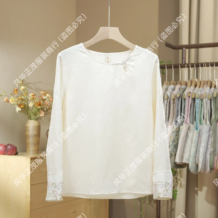 【3895】  新中式国风重工刺绣圆领百搭时尚复古春款打底T恤