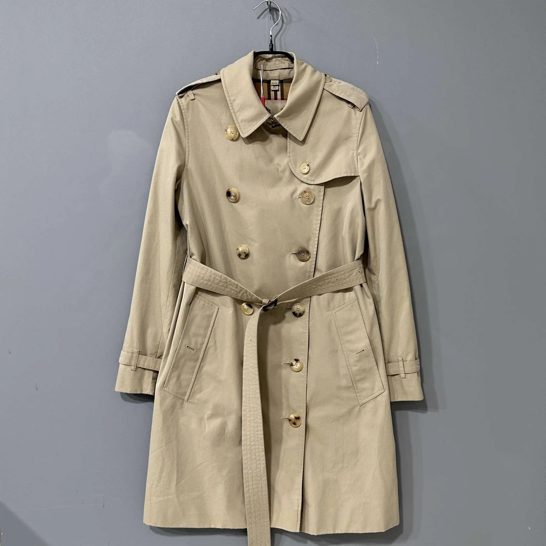 99新 BURBERRY/博柏利 卡其色格纹肯辛顿风衣/UK4/99新/27077