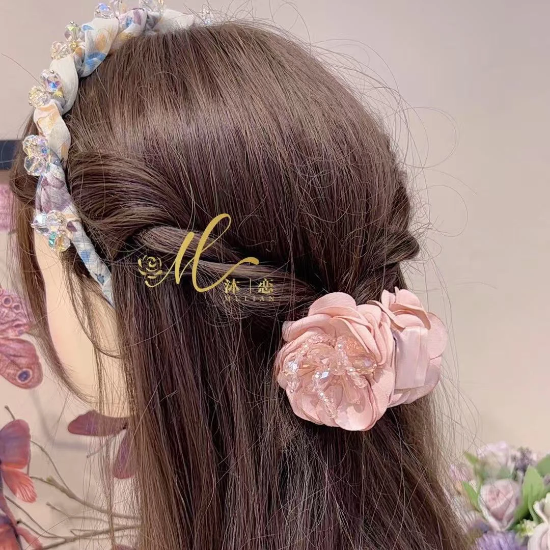 E460【粉色花朵晶石马尾抓】气质超仙韩式