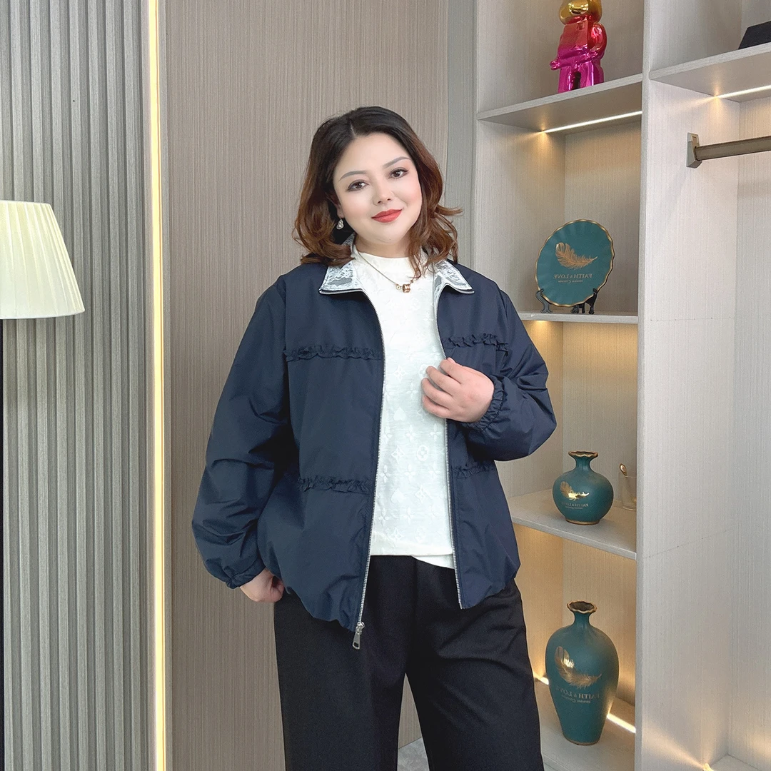 秋季新款大码女装设计感蕾丝拼接长袖外套宽松休闲百搭棒球服上衣