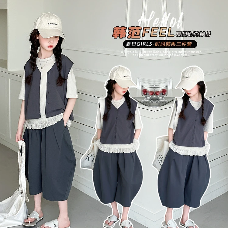 母女装 女童亲子同款25年夏季新品韩系灰色三件套休闲夏日韩版
