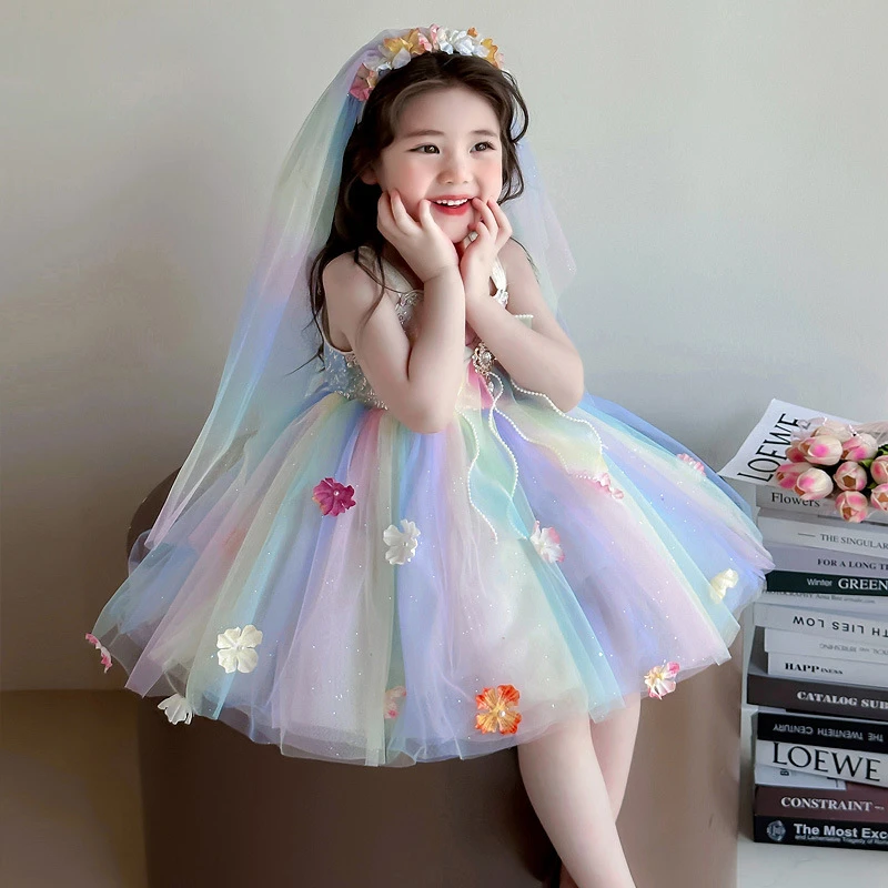女宝吊带花仙子彩色公主裙2025新款中小童超仙背心网纱蓬蓬连衣裙