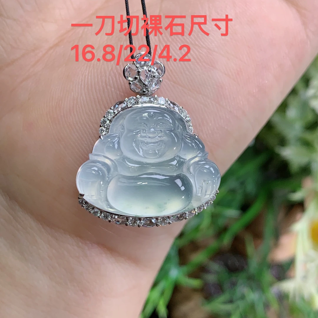 缅甸天然翡翠A货18k高冰玻起钢白月光佛公吊坠才林尺寸27/22/9.8