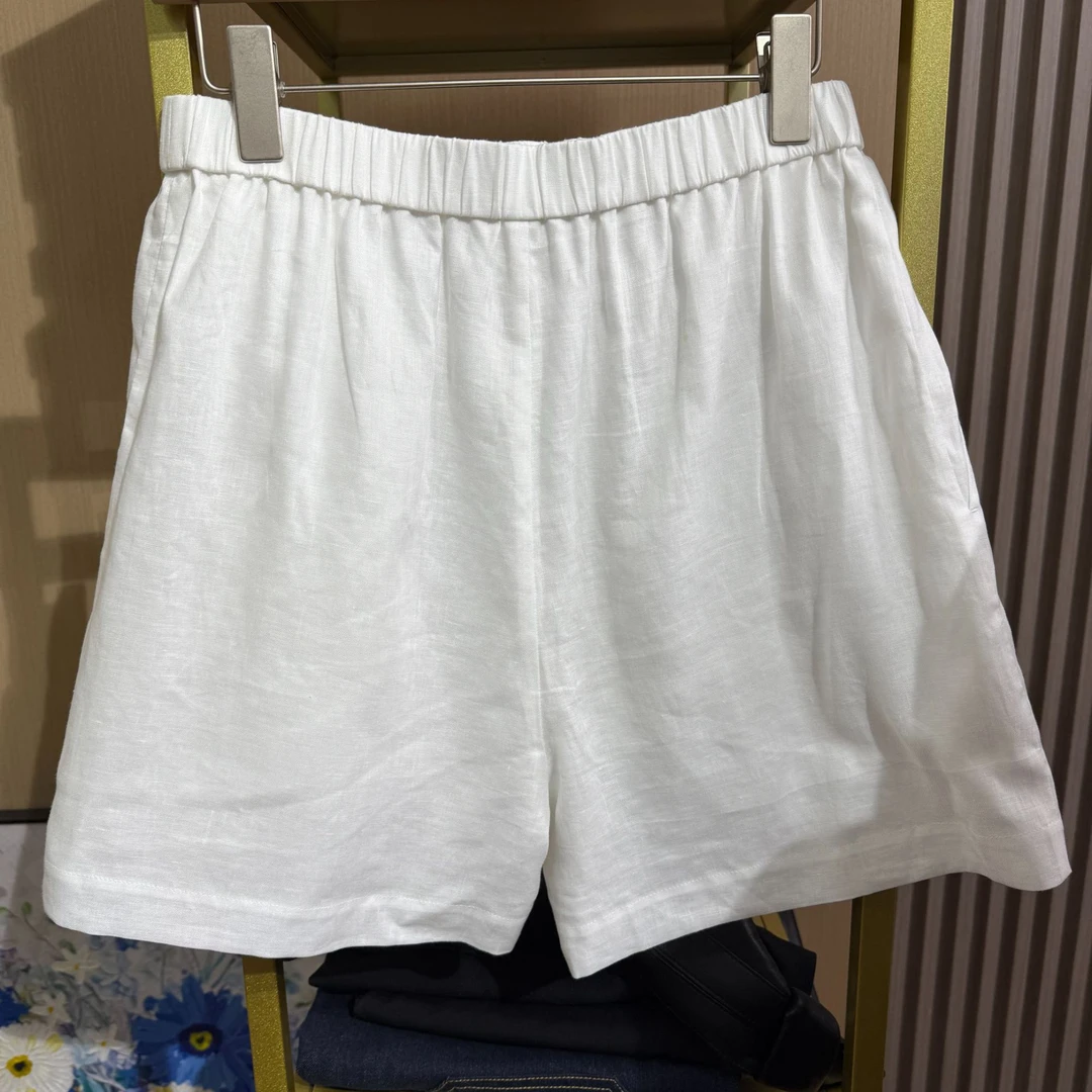 雨露麻松紧腰宽松短裤白色