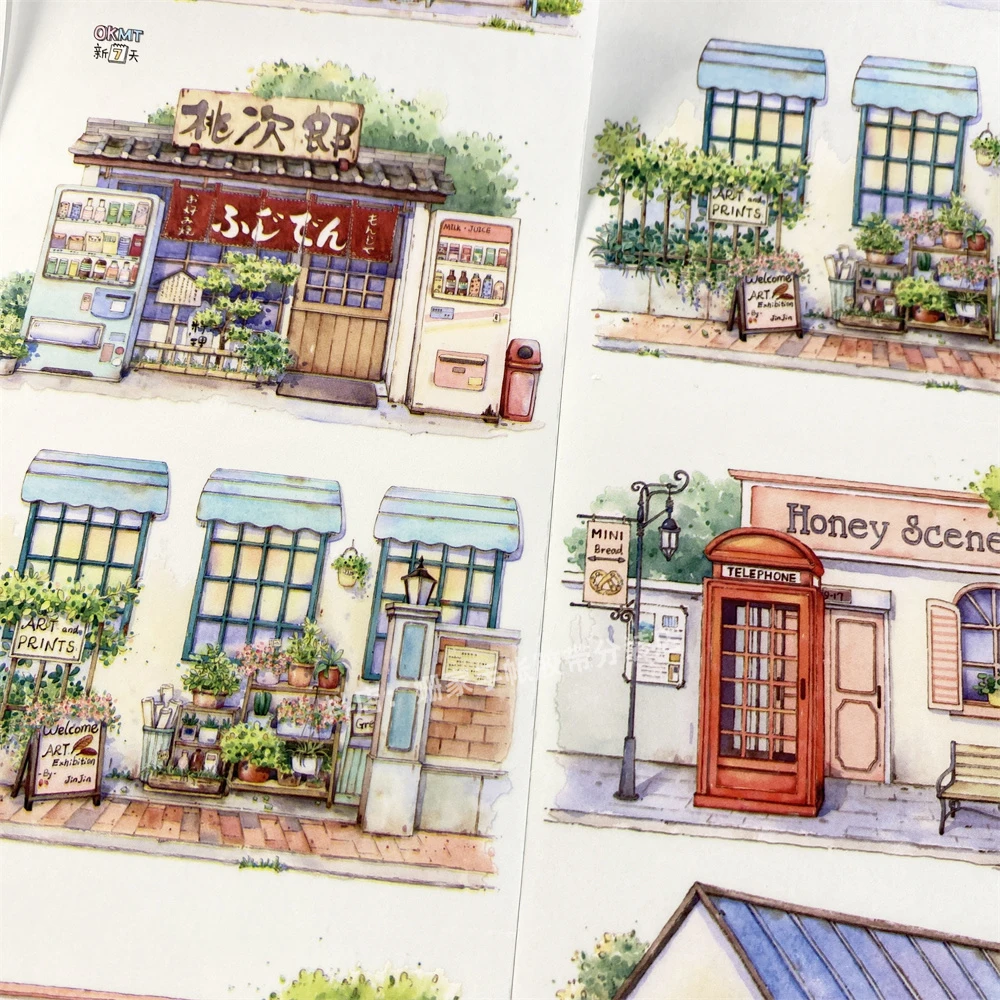 736手帐分装胶带街边小店B新七天房屋古风PET素材账流麻贴纸咕卡