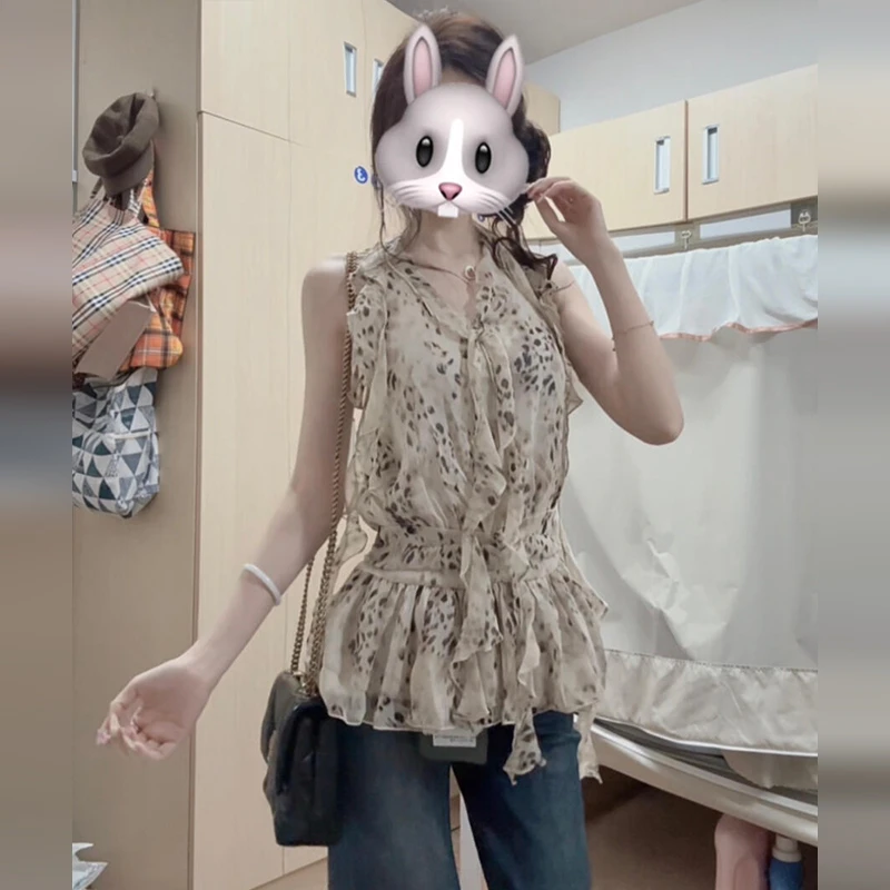 辣妹豹纹挂脖吊带女夏季外穿背心2025新款设计感收腰无袖露背上衣