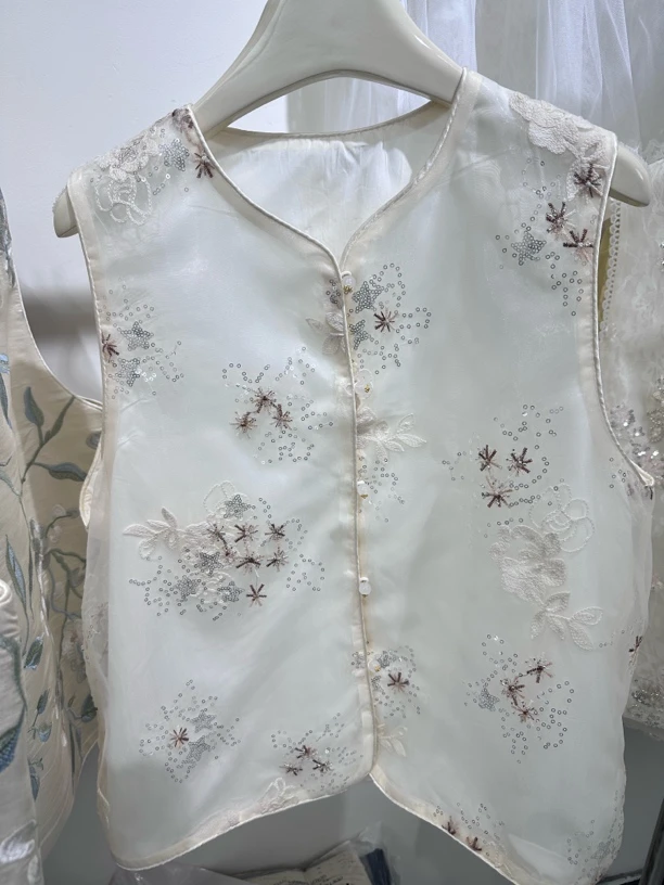 上衣马夹双层夏季法式提花蕾丝马甲圆领女印花95