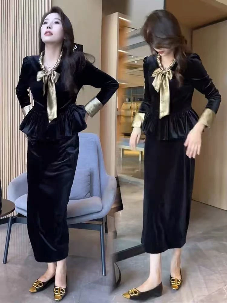 金丝绒时尚套装女25秋季新款长袖蝴蝶结荷叶边上衣半身裙两件套潮