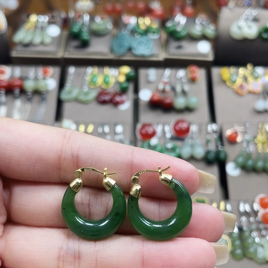 和田玉银S925镶嵌耳饰