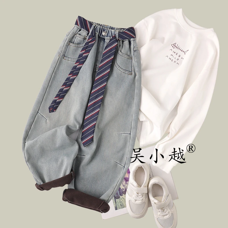 吴小越w1611男童加绒牛仔裤冬款刺绣痞帅男孩冬新款韩版长裤