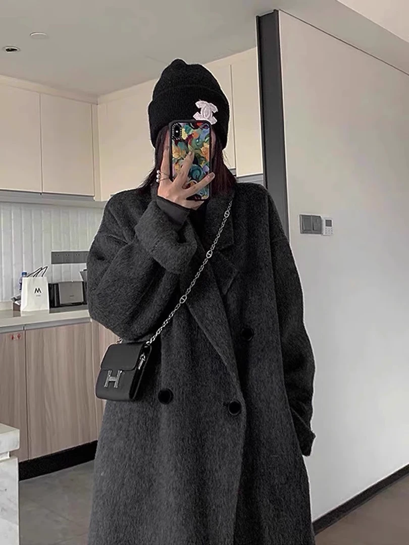 灰色双面呢大衣女小个子中长款2025新款秋冬高级感韩系毛呢外套