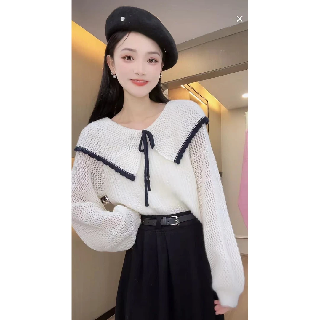 【秀宝女装】娃娃领蝴蝶结长袖针织毛衣XB3977