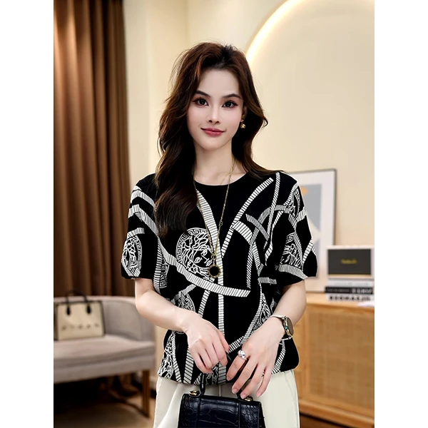 夏季休闲时尚气质薄款洋气百搭小众宽松显瘦短袖圆领冰丝针织衫