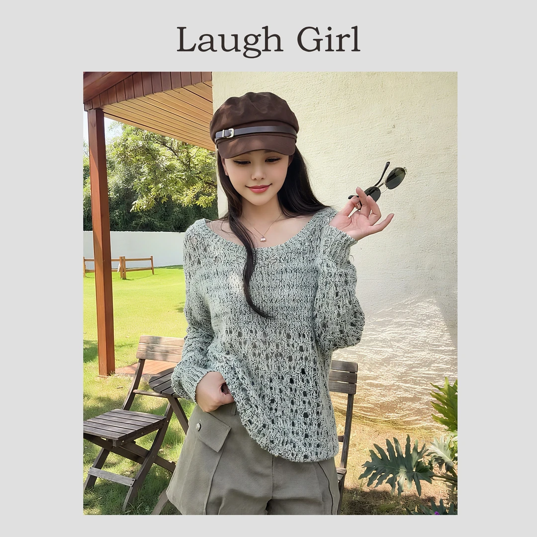 楚楚君Laugh girl【流织梦纱】早秋镂空显瘦针织长袖毛衣XL53789J