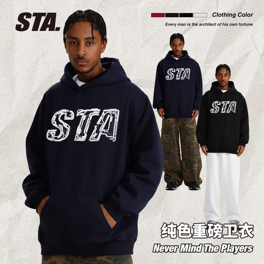 STA国潮400克重连帽卫衣重磅男女同款印花秋冬秋季男上衣卫衣连帽