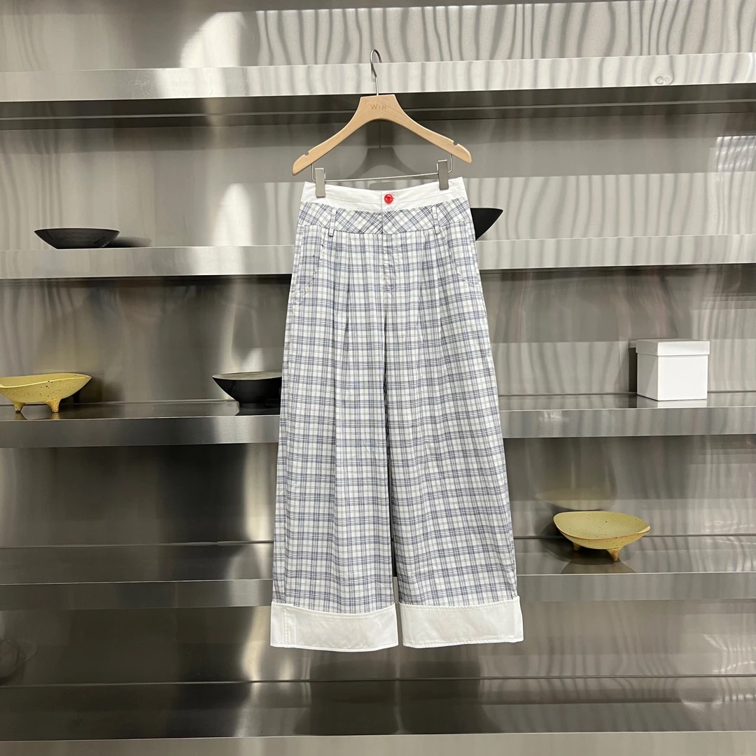 棋格格格子白卷边阔腿裤