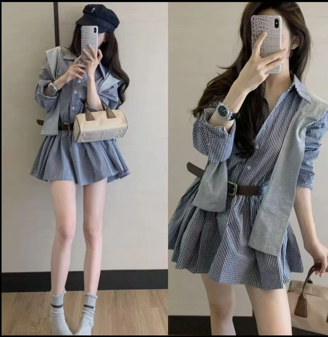 秋上新！韩版时尚百搭中长款格子衬衫连帽披肩两件套（送腰带）