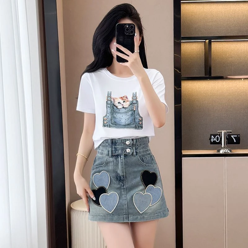 夏季减龄套装时尚新款短袖T恤小个子高腰牛仔刺绣裙裤两件套女潮