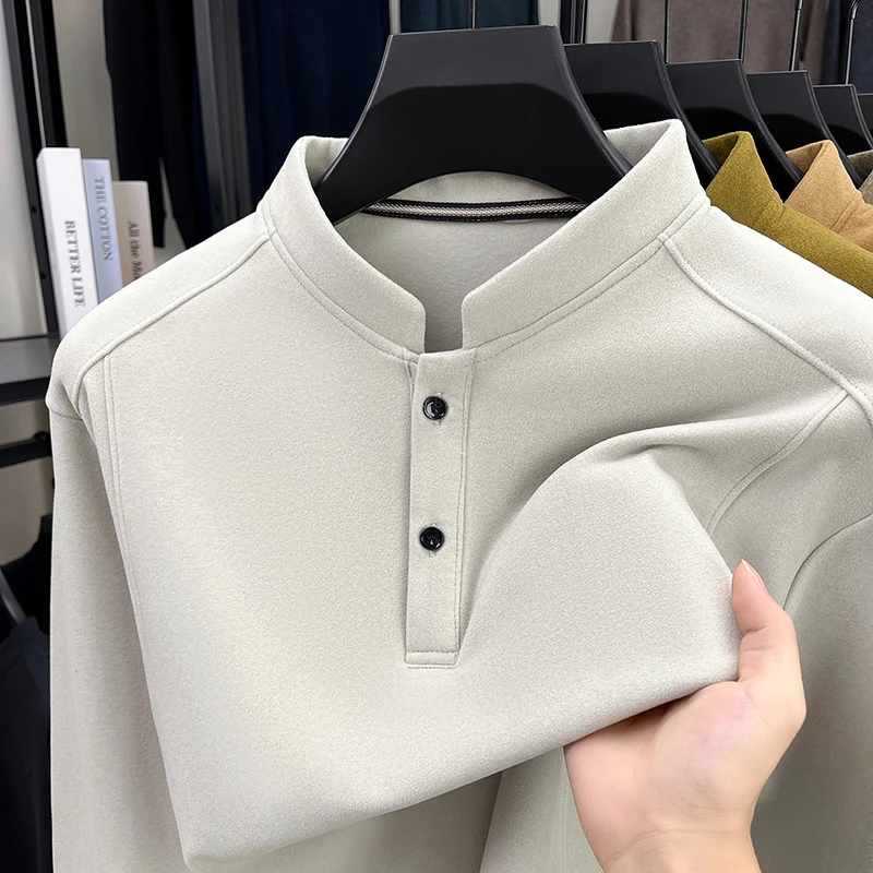 秋冬季双面绒长袖T恤男立领纯色德绒休闲卫衣潮流男士长袖打底衫