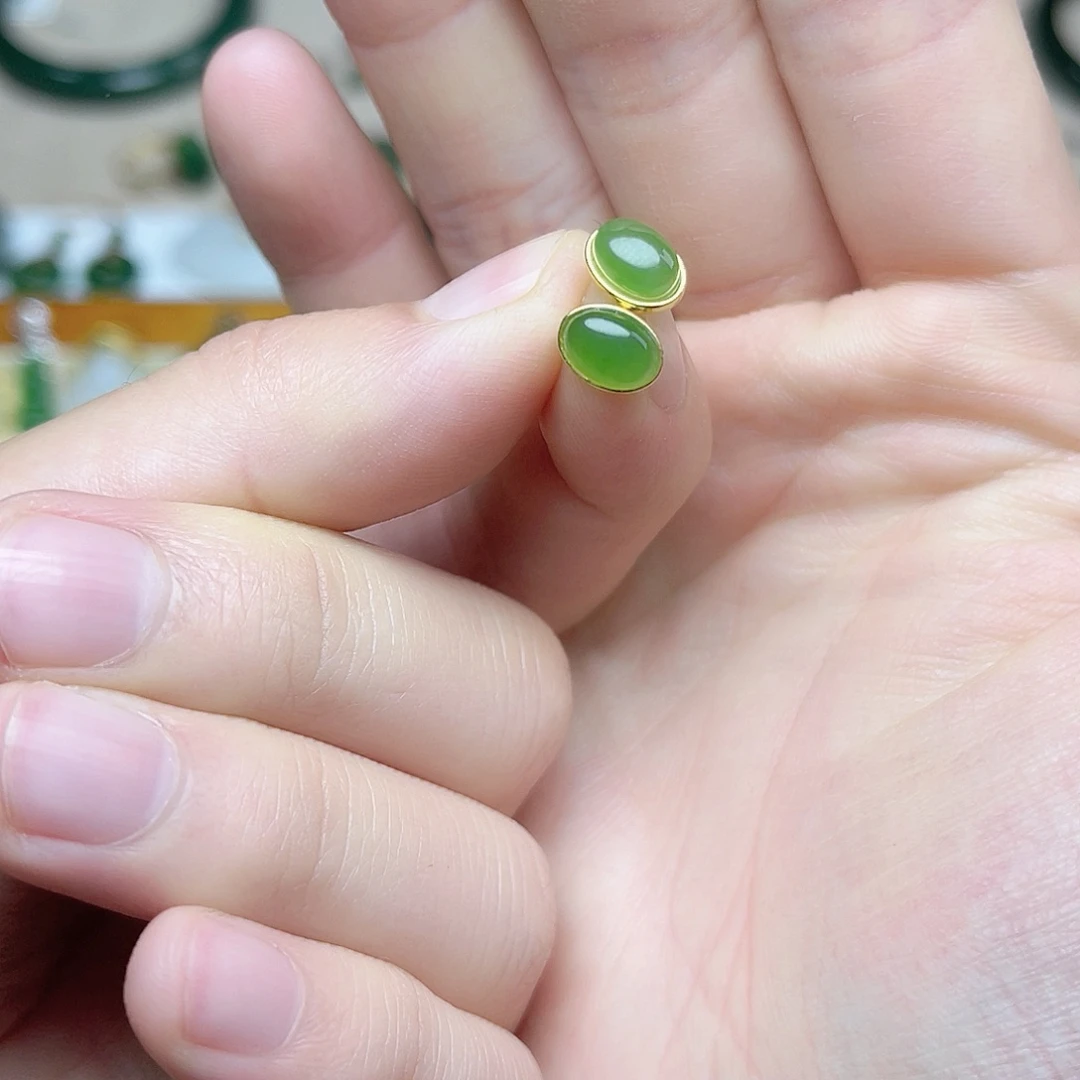 和田玉耳钉06银S925镶嵌