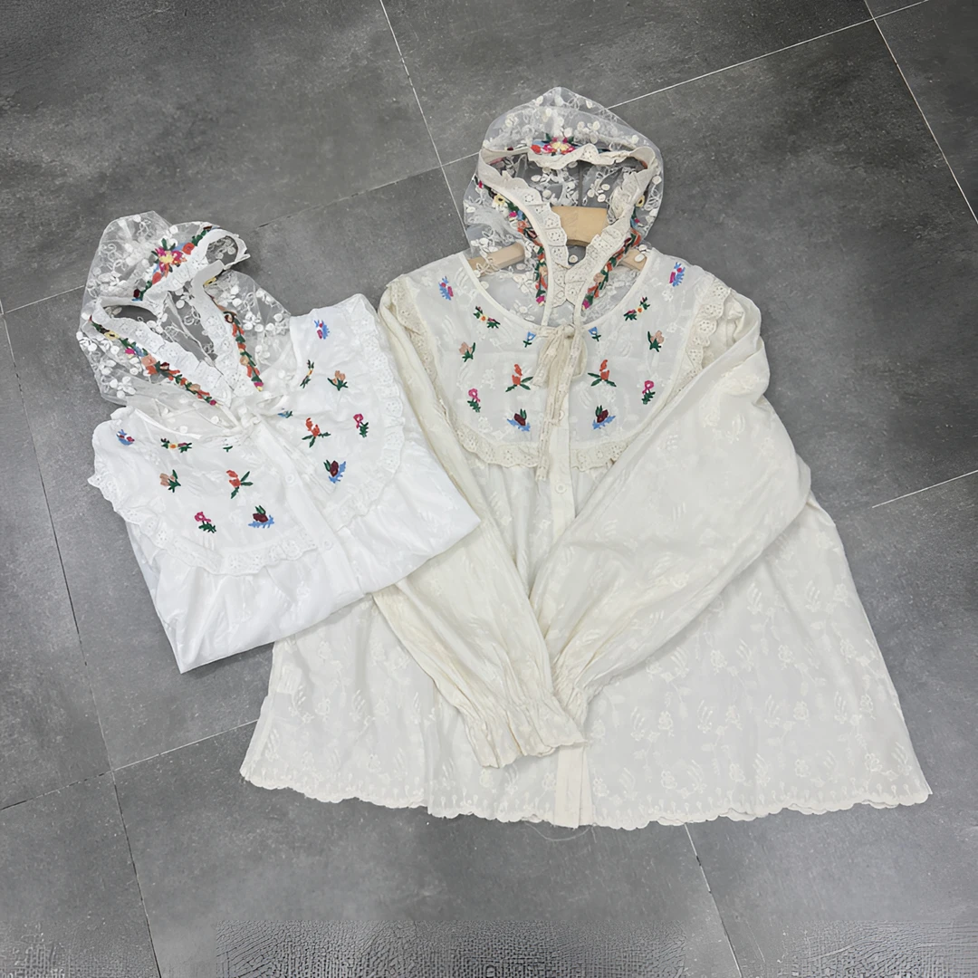 韩系小清新新款连帽刺绣衬衫长袖外套蕾丝文艺森系大版减龄衬衣女