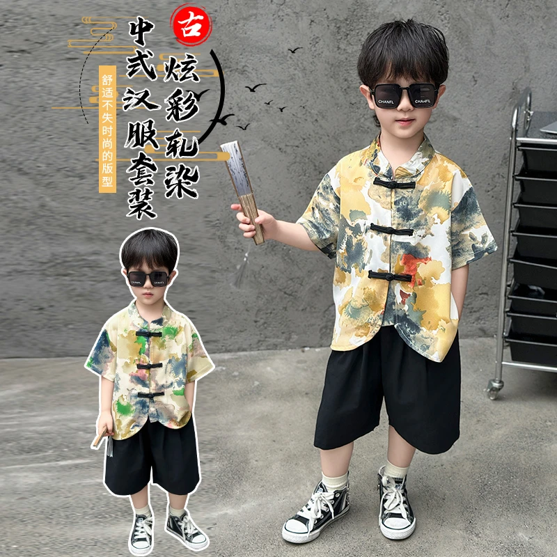 男童2-8岁汉服中国风唐装短袖套装夏季薄款好看宝宝新中式两件套