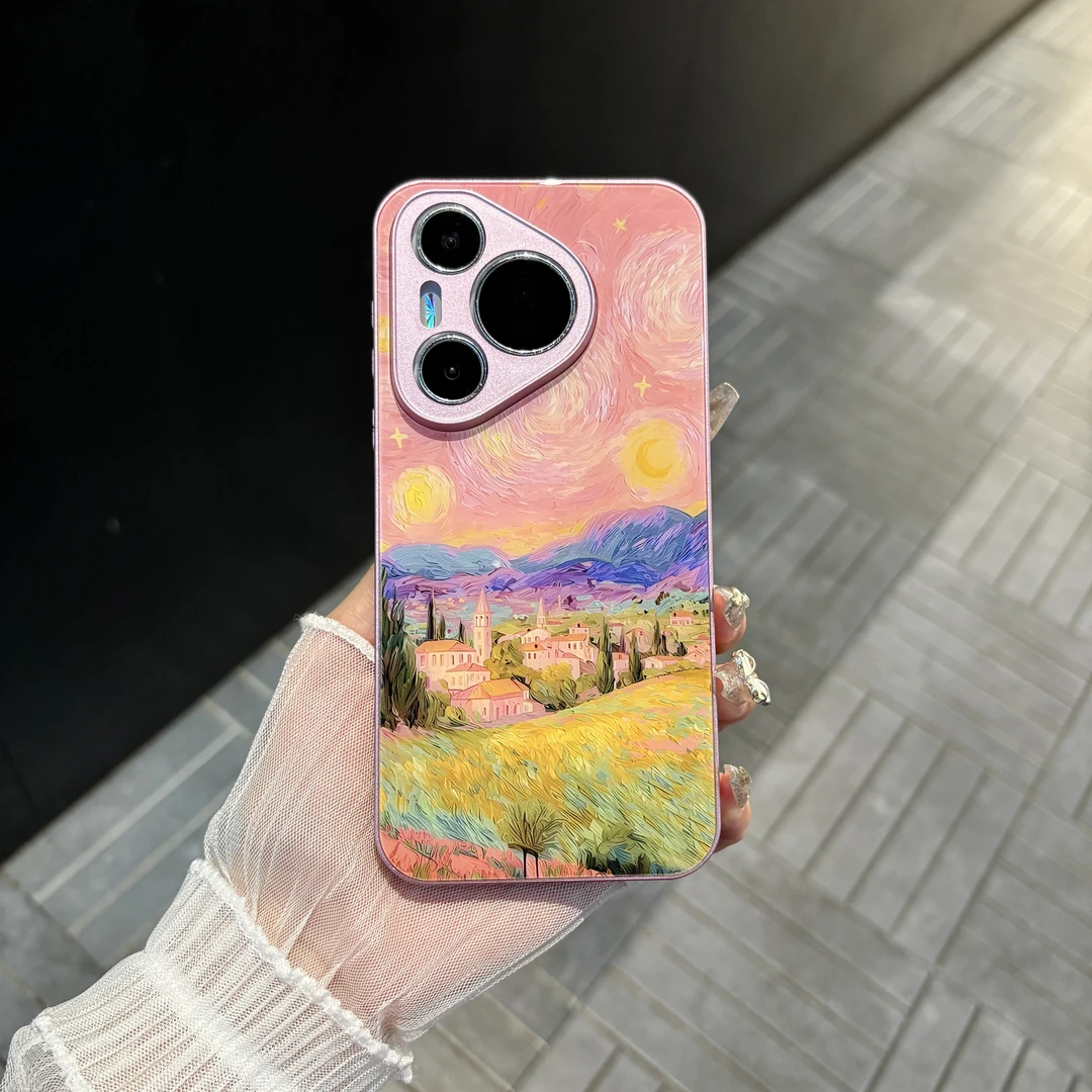 苹果/华为/oppo/vivo/小米 油画小镇适用pura70肤感玻璃手机壳