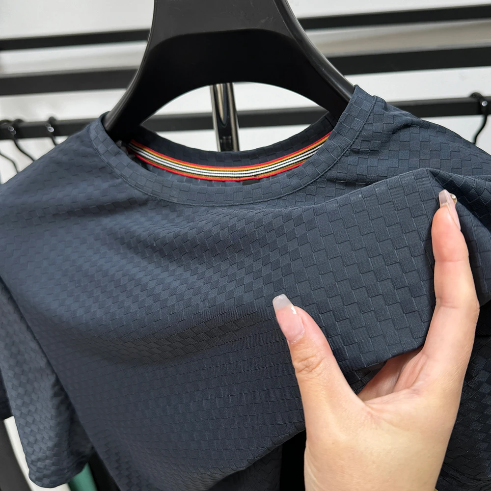 CATIA SELI高档冰丝华夫格短袖t恤男士夏季薄款圆领透气网眼宽松