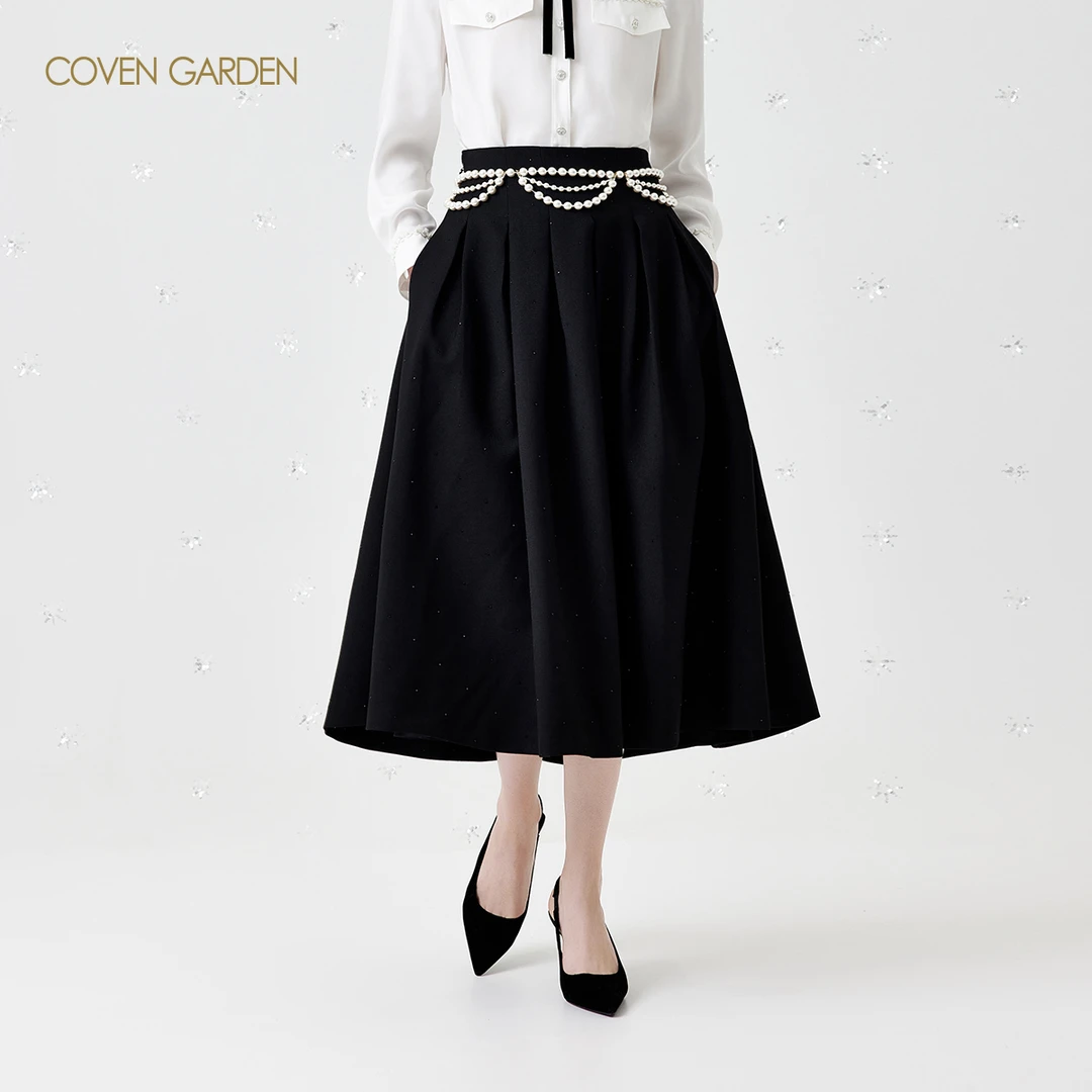 哥文花园黑色a字半身裙中长裙CSA1071410