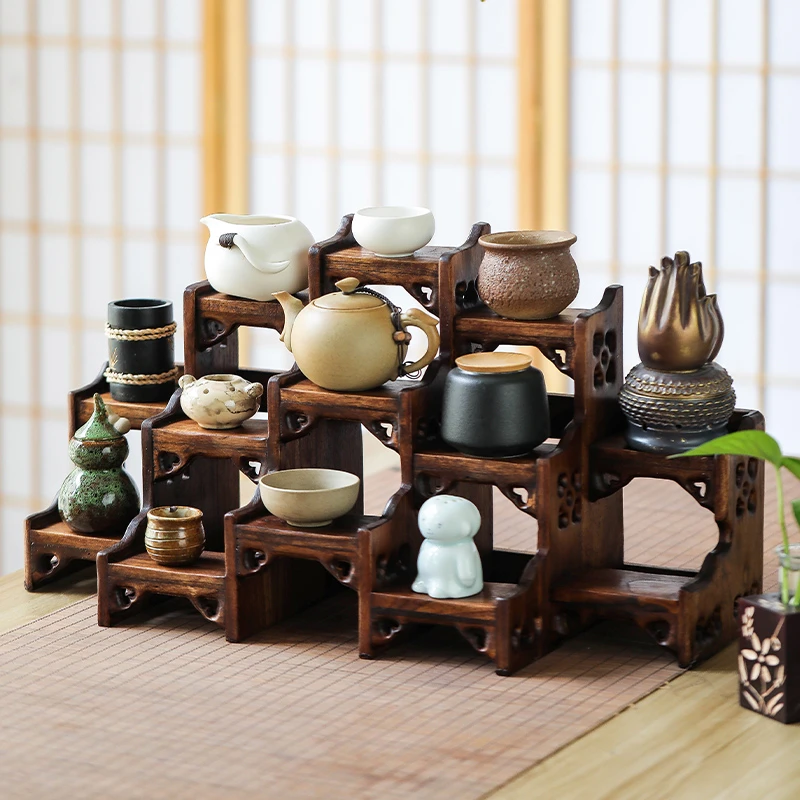异丽复古桌面中式博古架家居多宝阁雕花架子茶具置物架摆件茶壶架