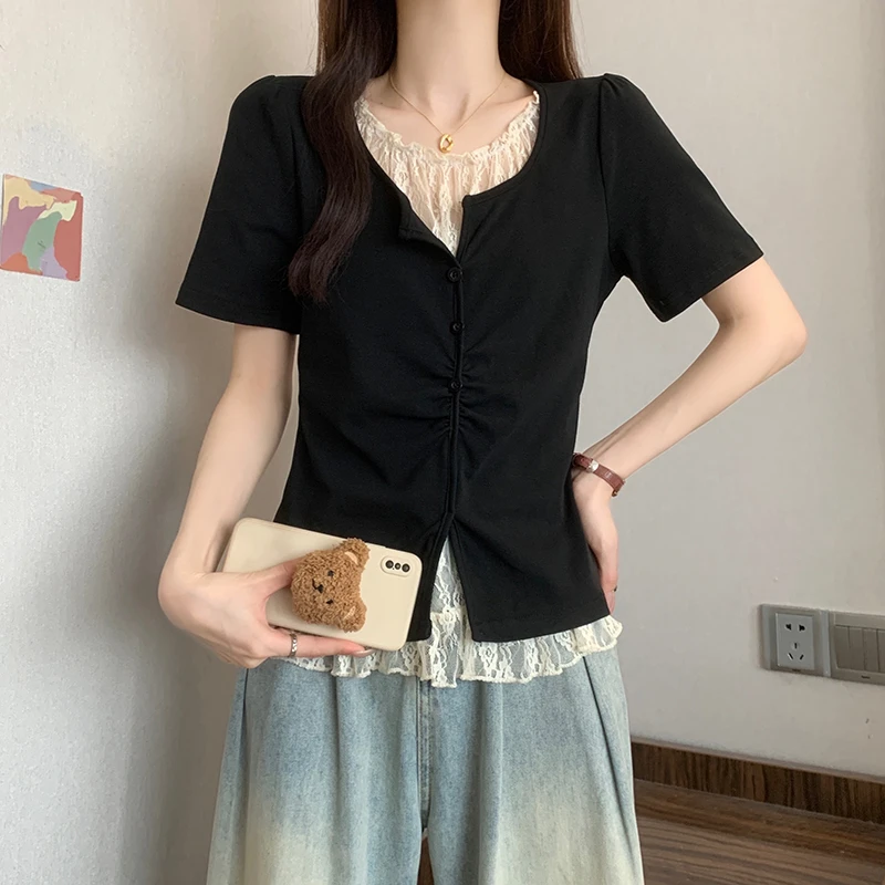 假两件蕾丝短袖t恤夏季大码设计感宽松拼接胖MM正肩显瘦藏肉上衣