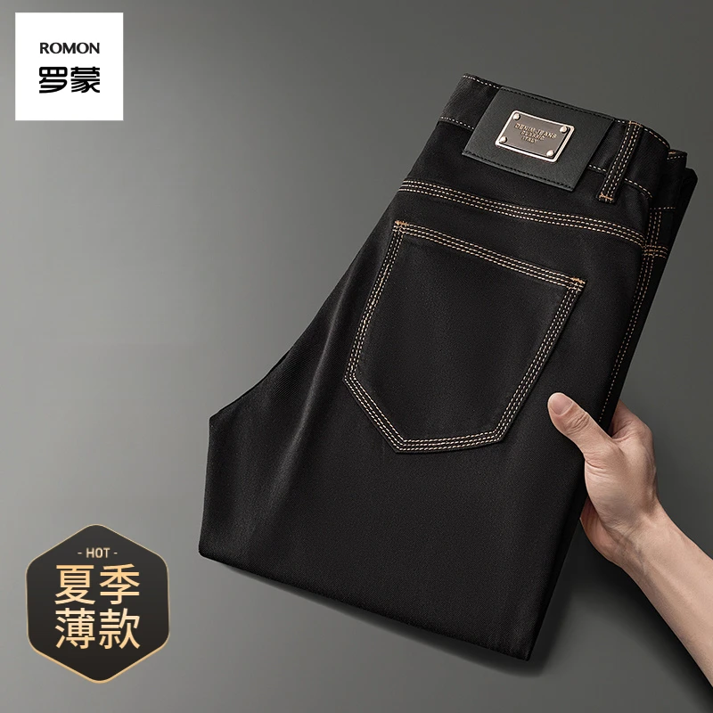 罗蒙男装2025春夏青年修身薄款黑色直筒拉链牛仔裤男复古百搭九分