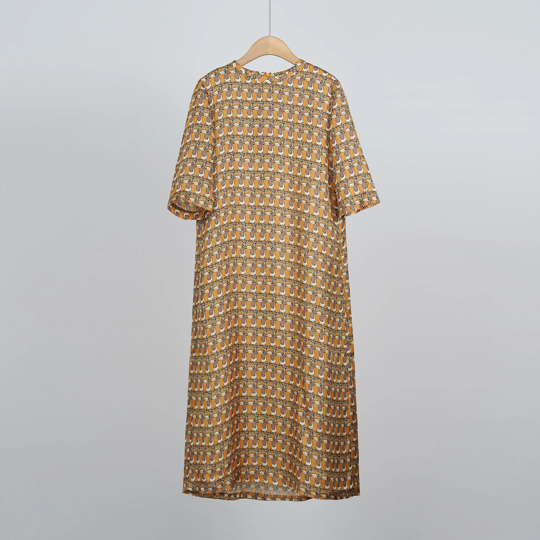 意大利早秋重磅桑蚕丝斜纹绸复古印花宽松显瘦女士连衣裙（251496）