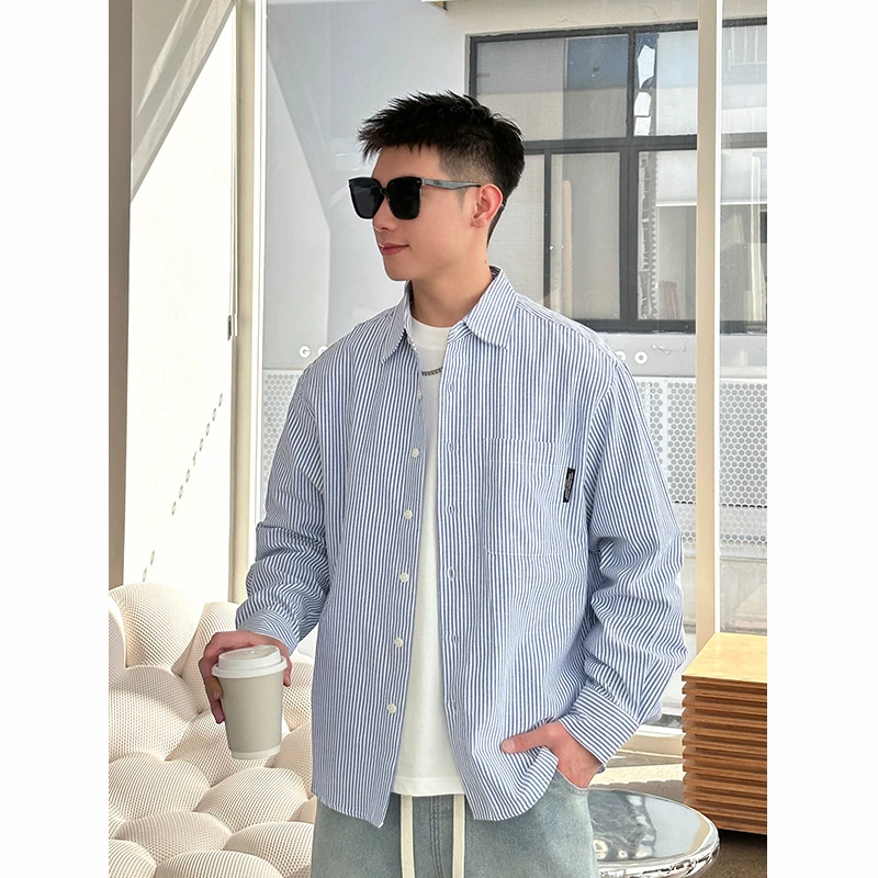 【时尚起易】春季潮流个性拼接条纹翻领青年韩版衬衫男休闲百搭上衣