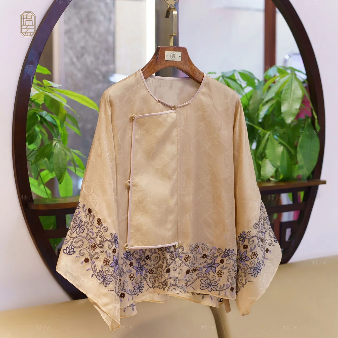 【锦系~新款】真丝欧根纱提花国风桑蚕丝绣花圆领斜襟外套-E-382542