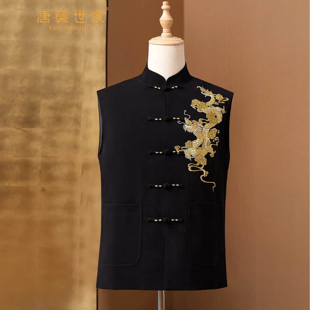 唐装男春秋季重工刺绣龙纹黑色唐装马甲立领盘扣中国风免烫外套男