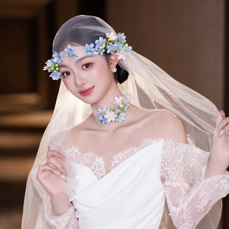 非金属布艺婚庆饰品 新娘小清新蓝色减龄花朵超仙旅拍头饰MC3747