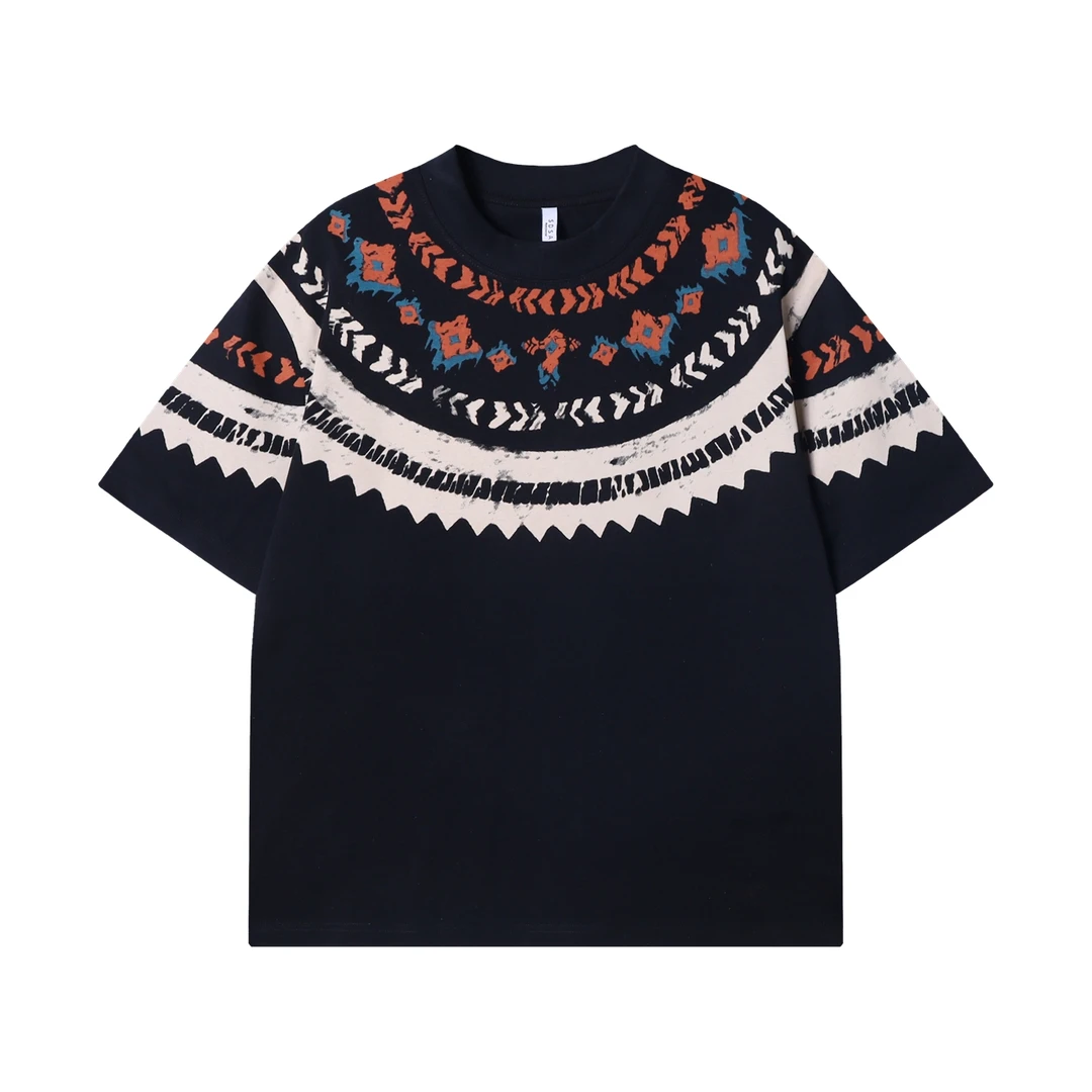 T2841夏季高级感新款潮牌撞色印花圆领半袖T恤小众设计复古百搭上