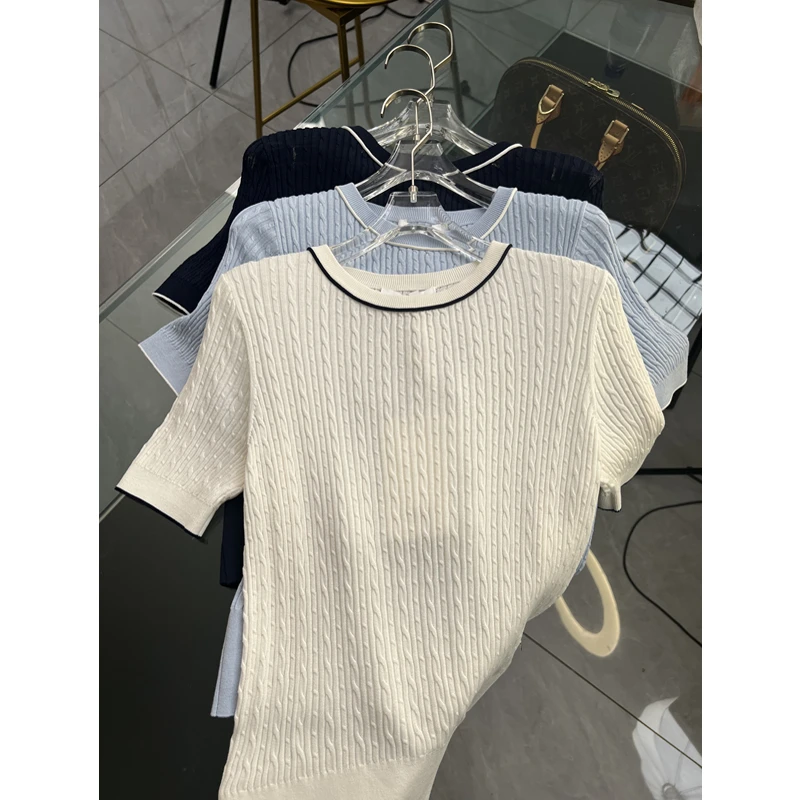 MUFEIGE 2025新款夏季细绞花针织短袖上衣-2242#