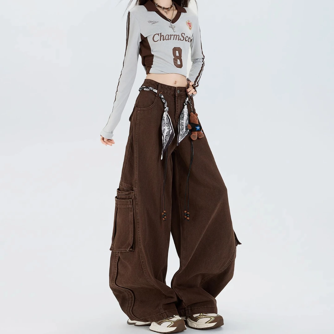 拉夏贝尔咖啡色工装牛仔裤女初秋2025新款美拉德宽松阔腿弯刀裤子