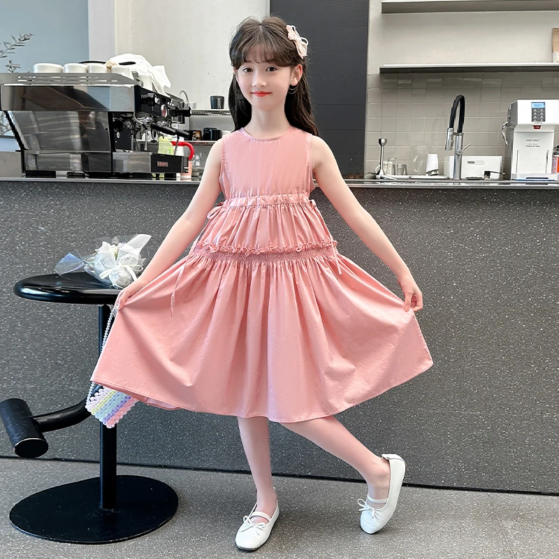 女童夏季连衣裙2025新款洋气时尚纯色收腰棉质裙子6-12岁中大童潮