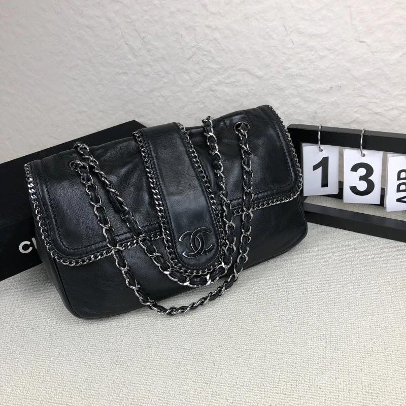 95新 Chanel/香奈儿 黑银CF滚边链条包 底长28 11开