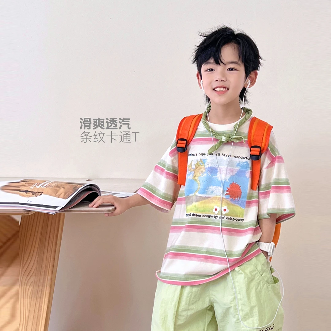 男童短袖T恤薄款夏季儿童条纹洋气宽松中大童上衣男孩5059749O5
