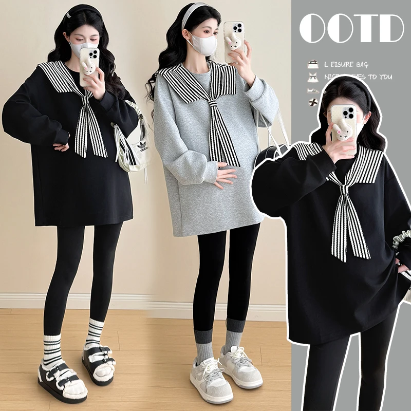 孕妇装2025秋冬条纹披肩长袖包臀卫衣宽松时尚百搭中长款加绒上衣
