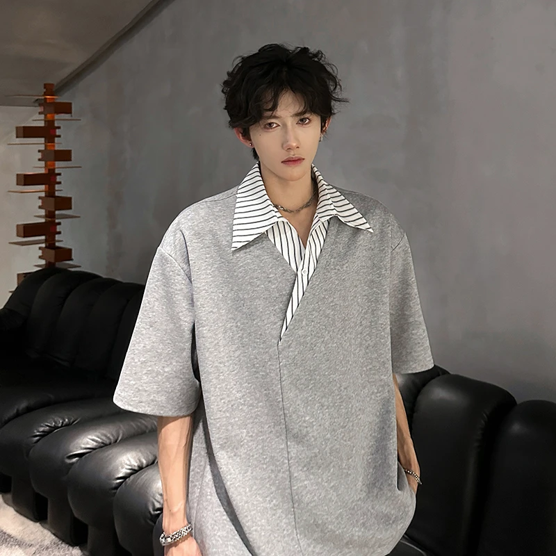 假两件短袖T恤男夏季美式潮牌拼色条纹Polo衫设计感百搭半袖上衣