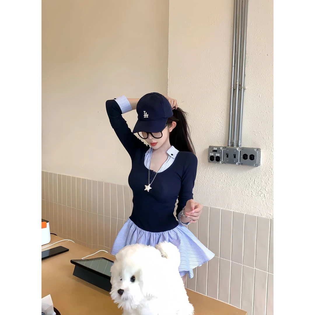 瑞德高校 秋季新款纯欲学院风慵懒设计感显瘦高腰时尚显瘦连衣裙