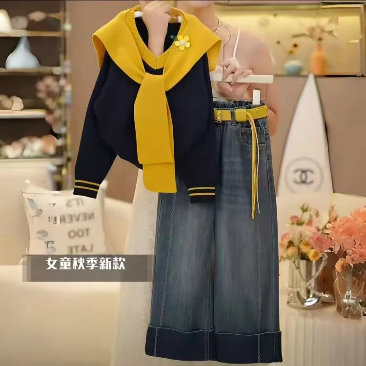 女童学院风套装2025新款中大童韩版针织毛衣儿童复古牛仔裤两件套